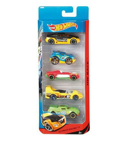 Set of five Hot Wheels toy cars featuring colorful miniature vehicles from the Hot Wheels vehicle collection.