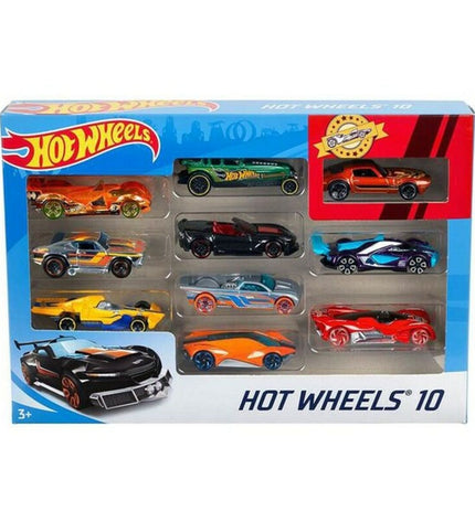 Hot Wheels metal vehicle playset with 10 toy cars, featuring colorful miniature cars in a toy vehicle collection.