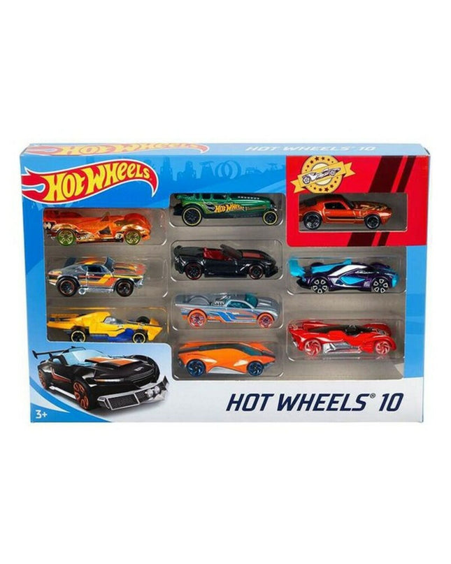 Hot Wheels metal vehicle playset with 10 toy cars, featuring colorful miniature cars in a toy vehicle collection.