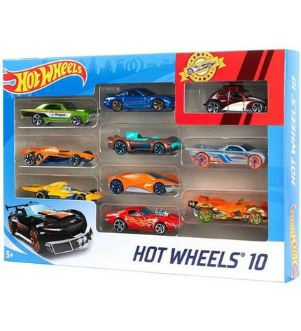 Hot Wheels vehicle toy set with 10 metal cars, colorful toy vehicles for children, part of Hot Wheels speelgoed en games collection.