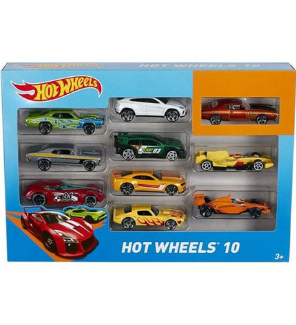 Hot Wheels vehicle playset with 10 metal toy cars, featuring colorful, detailed miniature vehicles for imaginative play.