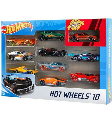 Hot Wheels metal vehicle playset with 10 colorful toy cars for kids, featuring various car designs and sizes.
