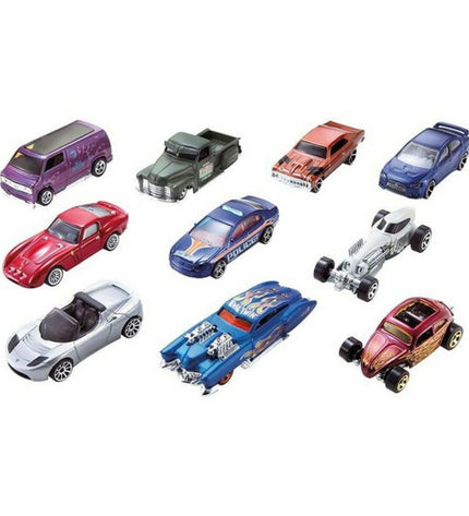 Set of 10 Hot Wheels metal vehicle toys in a colorful playset, featuring various car models for children’s imaginative play.