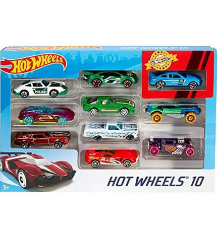 Hot Wheels metal vehicle playset with 10 colorful toy cars for kids, featuring various car models in the collection.