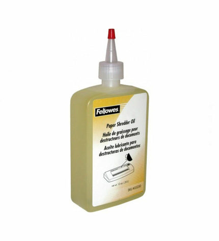 Fellowes 35250 paper shredder lubrication oil bottle, 350 ml, for maintaining office paper shredders with a spill-proof cap.
