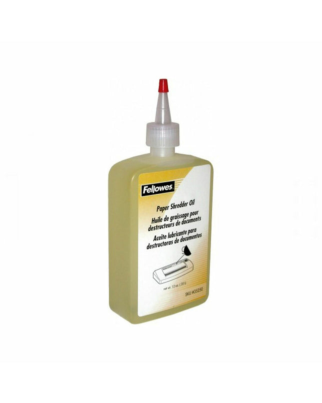 Fellowes 35250 paper shredder lubrication oil bottle, 350 ml, for maintaining office paper shredders with a spill-proof cap.