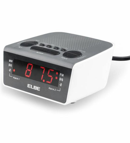 ELBE CR-932 AM/FM radio alarm clock showing digital display and buttons for setting time and alarm functions.
