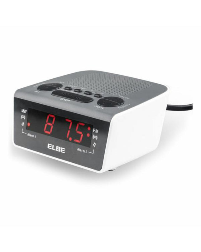 ELBE CR-932 AM/FM radio alarm clock showing digital display and buttons for setting time and alarm functions.