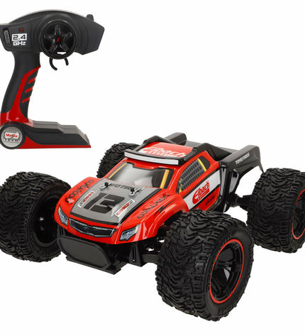 Red Maisto remote control police car toy, 1:14 scale trophy truck, 37x17x36 cm, 2.4 GHz remote control vehicle.