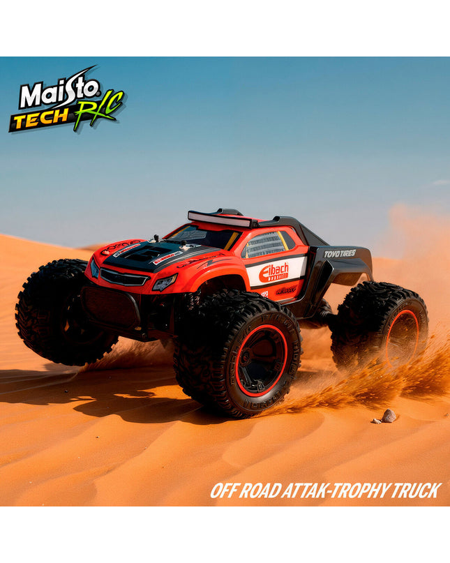 Red Maisto Trophy Truck remote control police car, 1:14 scale, toy vehicle with 2.4 GHz controller, 37x17x36 cm.