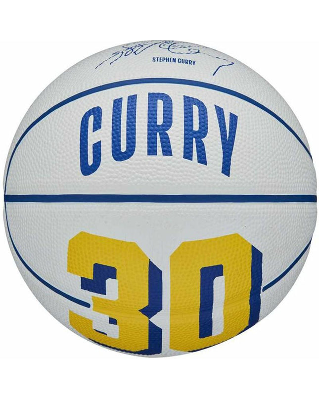 Wilson Player Icon Mini Curry Wit basketball in size 3, featuring a vibrant yellow and navy design, suitable for youth outdoor play.