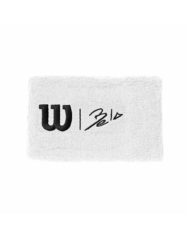 Wilson Bela white sports armband for tennis, adjustable one size, designed for outdoor sports and running activities.