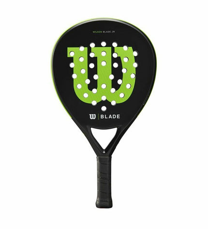 Wilson Blade Junior V2 paddle tennis racket in black, designed for junior players, with a sleek sport and outdoor appearance.