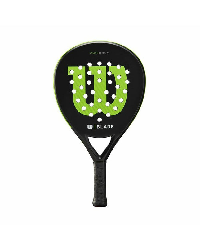Wilson Blade Junior V2 paddle tennis racket in black, designed for junior players, with a sleek sport and outdoor appearance.