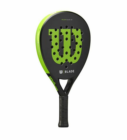 Wilson Blade Junior V2 padel racket in black, lightweight sport equipment for paddle tennis, featuring a sleek design and grip.