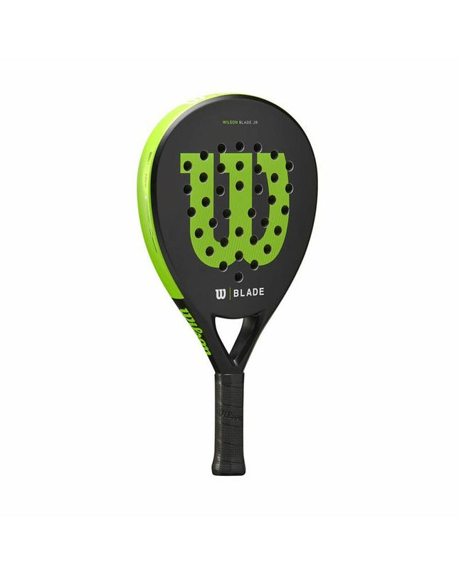 Wilson Blade Junior V2 padel racket in black, lightweight sport equipment for paddle tennis, featuring a sleek design and grip.