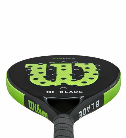Wilson Blade Junior V2 padel racket in black, designed for youth paddle tennis players, with a sleek, sporty appearance.