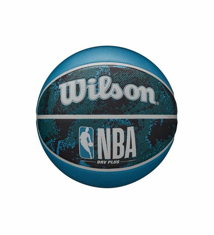 Wilson NBA Plus Vibe blue basketball, sport outdoor ball with textured surface and Wilson branding.