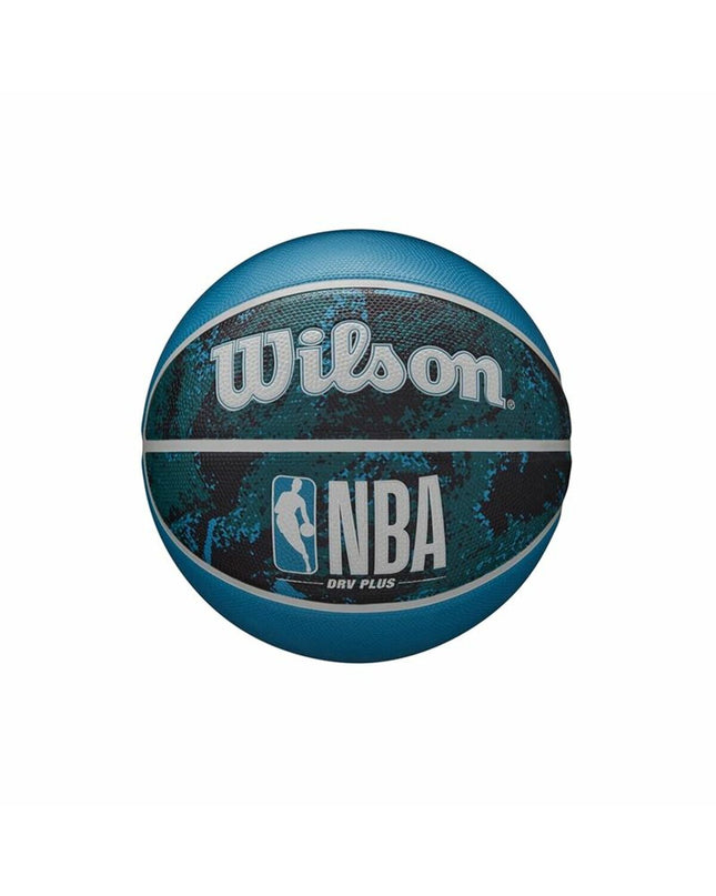 Wilson NBA Plus Vibe blue basketball, sport outdoor ball with textured surface and Wilson branding.