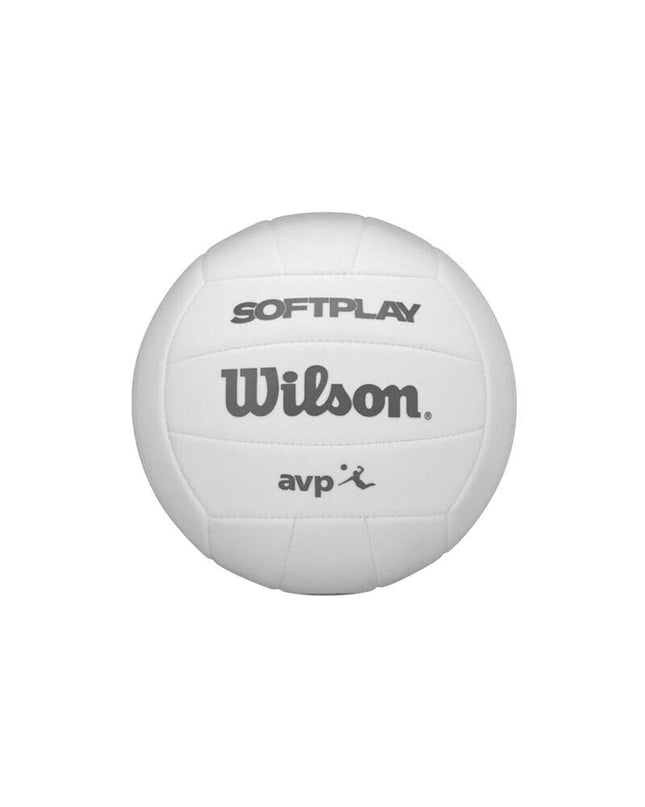 Wilson AVP Soft Play beach volleyball in white imitation leather, size 5, designed for outdoor volleyball games.