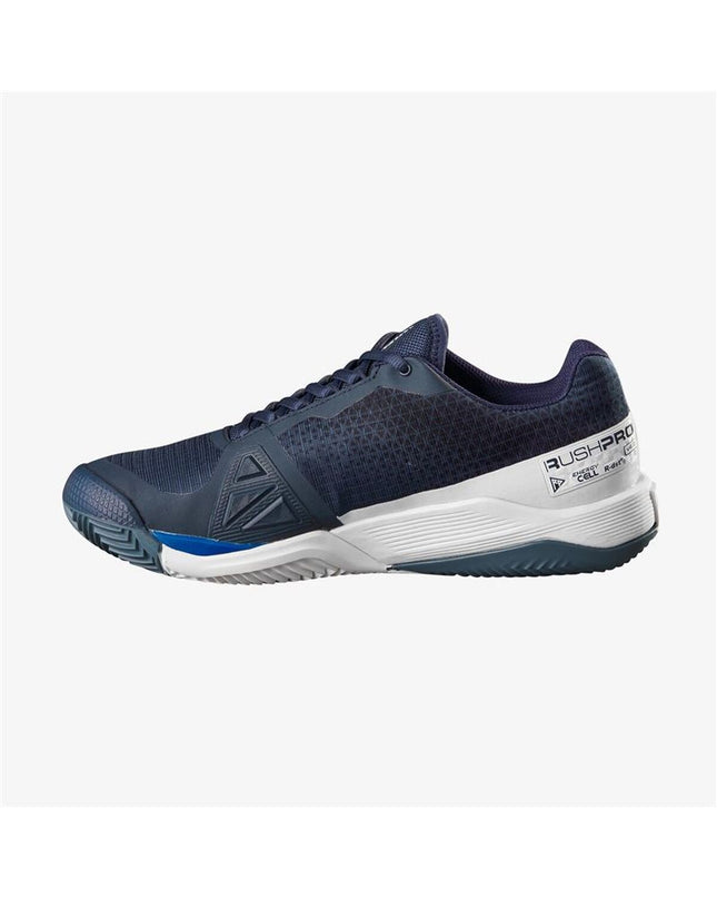 Wilson Rush Pro 4.0 Clay men's tennis shoes in marine blue, designed for outdoor tennis on clay courts.