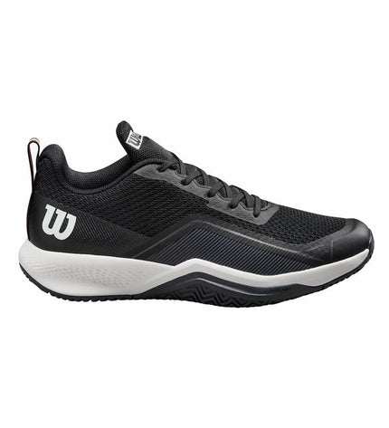 Wilson Rush Pro Lite men's tennis shoes in black, sporty outdoor footwear designed for tennis players.