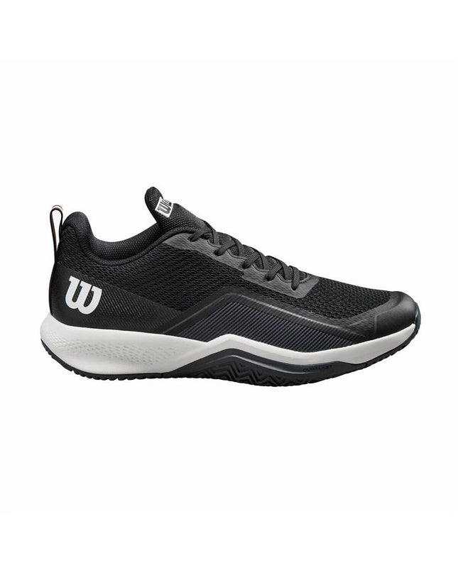 Wilson Rush Pro Lite men's tennis shoes in black, sporty outdoor footwear designed for tennis players.