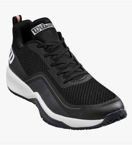 Wilson Rush Pro Lite men's tennis shoes in black, showing the lightweight design and sporty outsole for outdoor tennis play.