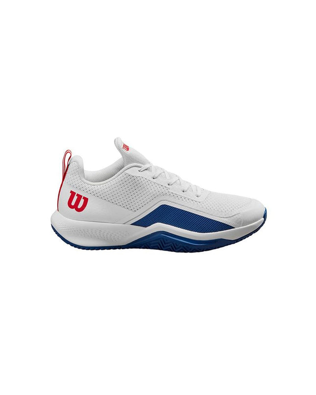 Wilson Rush Pro Lite men's tennis shoes in white with navy accents, featuring breathable mesh and cushioned soles.