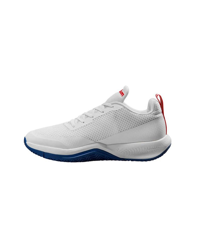 Wilson Rush Pro Lite men's tennis shoes in white and blue, featuring breathable mesh and cushioned soles for tennis players.