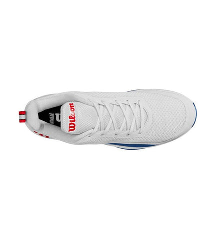 Wilson Rush Pro Lite men's tennis shoes in white and black, designed for sport and outdoor tennis playing.