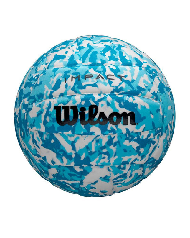 Wilson Impact Gen Green volleyball with blue and white accents, size 5, designed for beach volleyball and outdoor play.