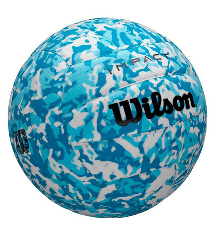 Wilson Impact Gen Green Vb beach volleyball with blue and white accents, size 5, designed for outdoor volleyball play.