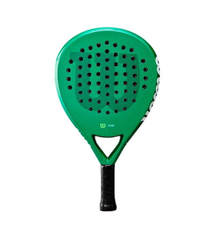 Wilson Blade LS V3 Padel racket with green design, featuring a close-up of the paddle surface and grip for outdoor paddle tennis.