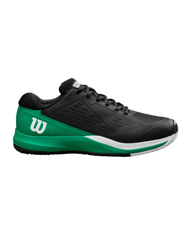 Wilson Rush Pro Ace Clay men's tennis shoes in black, featuring supportive outdoor tennis footwear for clay court play.