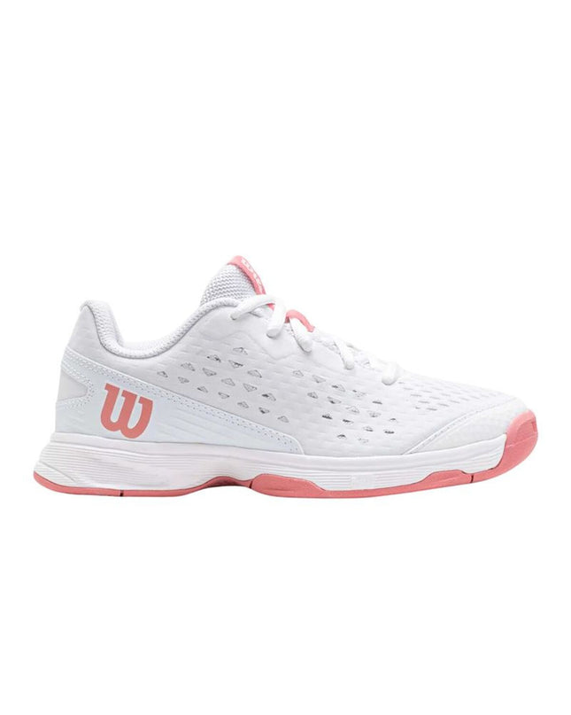 Wilson Rush Pro kids' tennis paddel shoes in white, showing the sporty design and supportive sole for outdoor tennis play