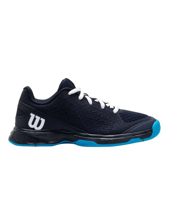 Children's Wilson Rush Pro tennis padel shoes in black, sport outdoor footwear with supportive design for young players.