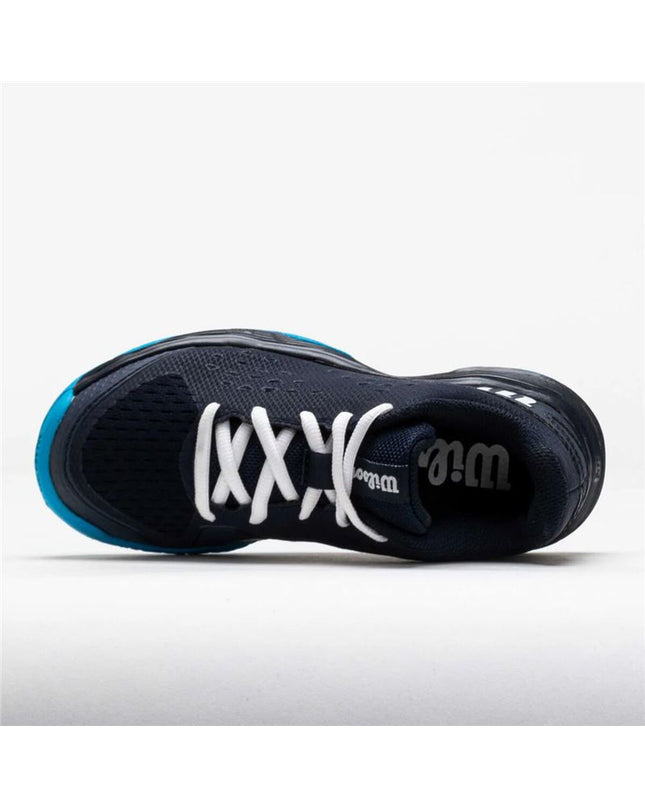 Wilson Rush Pro kids' tennis padelschoenen in zwart, sport outdoor footwear with supportive design for young tennis players.
