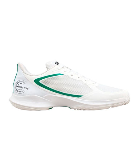 Wilson Hurakn Lite men's tennis shoes in white with breathable mesh and supportive sole, designed for outdoor tennis play.