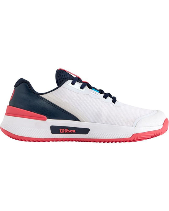 Wilson Intrigue Pro Clay women's tennis shoes in white, designed for outdoor tennis with durable sport footwear features.