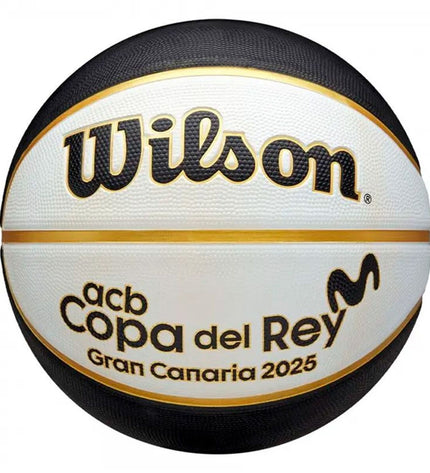 Wilson Copa del Rey Wit 7 basketball showing textured surface and brand logo, designed for outdoor sports and competitive play.