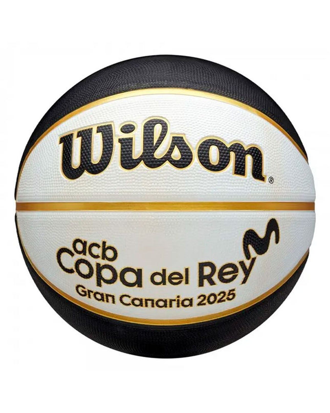 Wilson Copa del Rey Wit 7 basketball showing textured surface and brand logo, designed for outdoor sports and competitive play.