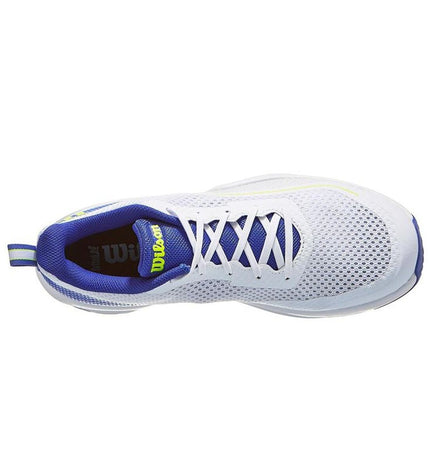 Wilson Rush Pro Lite men's tennis shoes in blue and white with sporty design suitable for outdoor tennis gameplay.