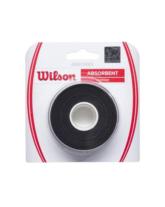 Wilson Absorbx tennis overgrip with textured surface for enhanced grip and sweat absorption on a tennis racket handle.
