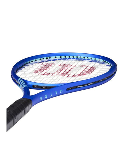 Wilson Ultra Team V5 blue tennis racket for sport and outdoor play, shown with string pattern and grip details.