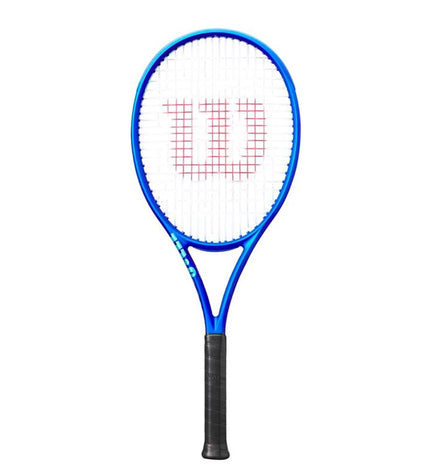 Wilson Ultra 100L V5 tennis racquet in blue, showing the frame and strings for outdoor tennis play.