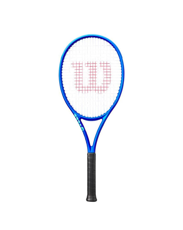Wilson Ultra 100L V5 tennis racquet in blue, showing the frame and strings for outdoor tennis play.
