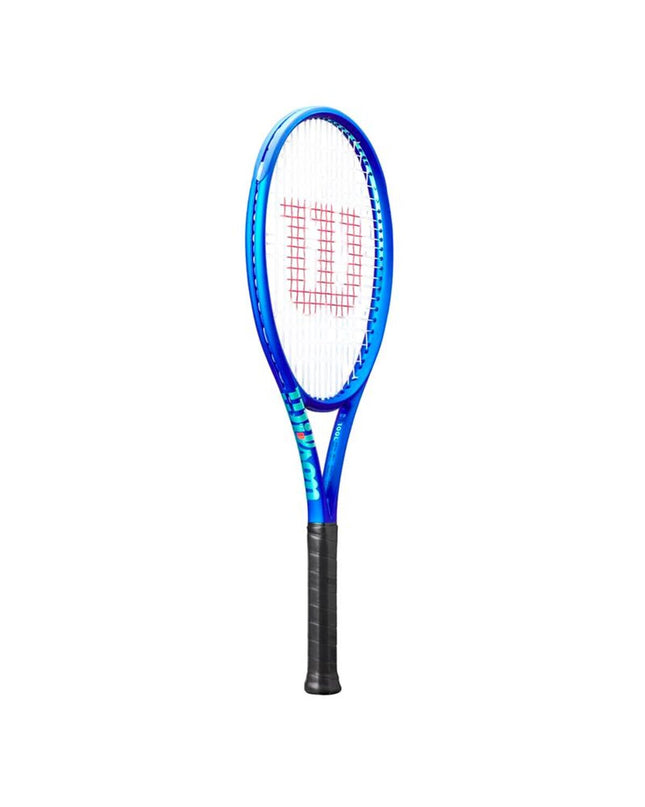 Wilson Ultra 100L V5 tennis racket with blue frame, lightweight design, and ergonomic grip for optimal outdoor tennis play.