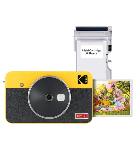 Kodak C210RY digital camera showing front view with lens, built-in flash, and compact design for photography and videos.
