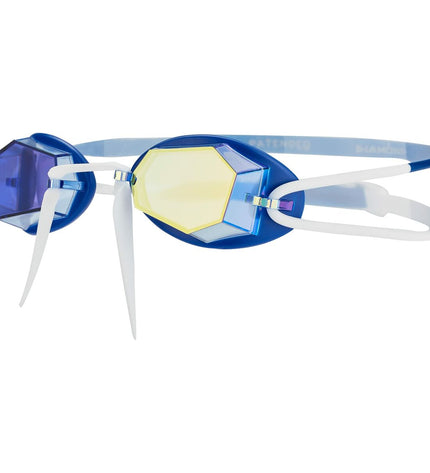 Zoggs Diamond Mirror swimming goggles in blue and white with mirrored lenses, designed for water sports and outdoor swimming.
